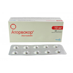 Аторвакор таблетки для зниження холестерину по 10 мг, 60 шт.