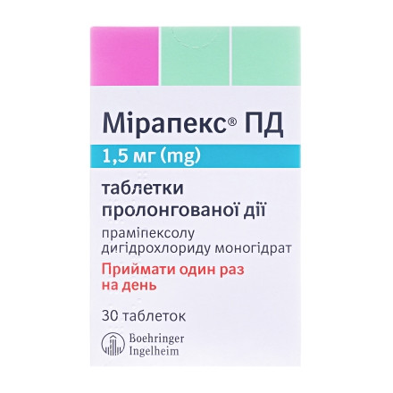 Мирапекс ПД таблетки по 1,5 мг, 30 шт.