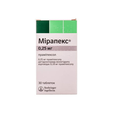 Мирапекс таблетки по 0,25 мг, 30 шт.